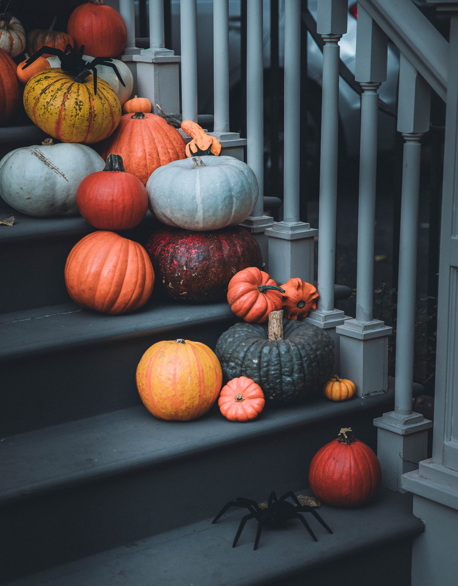 Autumn pumpkins in various colors and sizes on a staircase, perfect for seasonal decor inspiration.