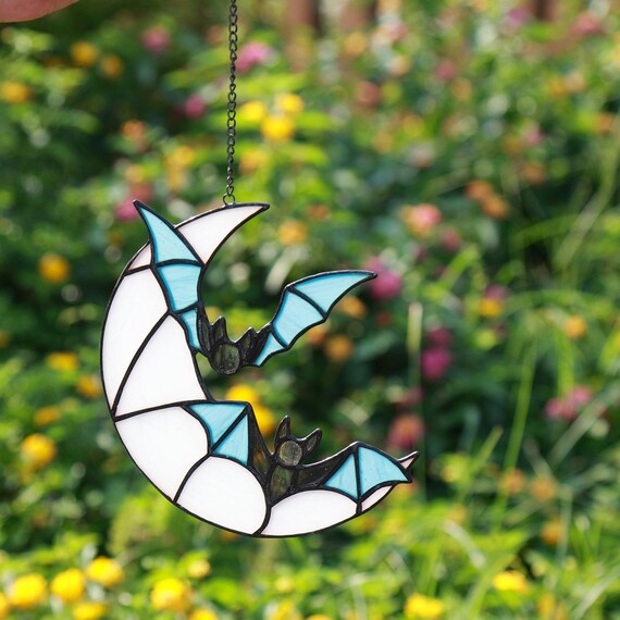 Bat Stained Glass Art AKEGAMN Halloween Bat Stained Glass Suncatcher Window Hanging Acrylic Wall Art Suncatcher