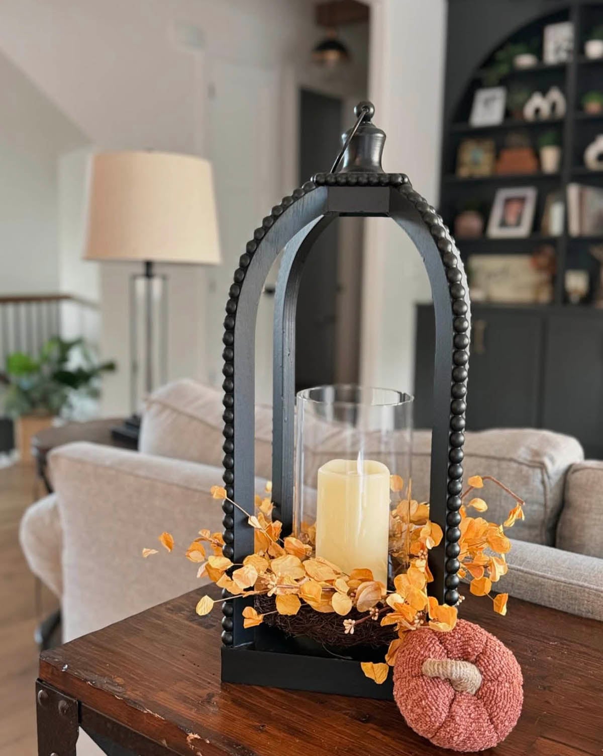 Black Metal Candle Lantern Indoor Outdoor Leaf Design Decorative Centerpiece