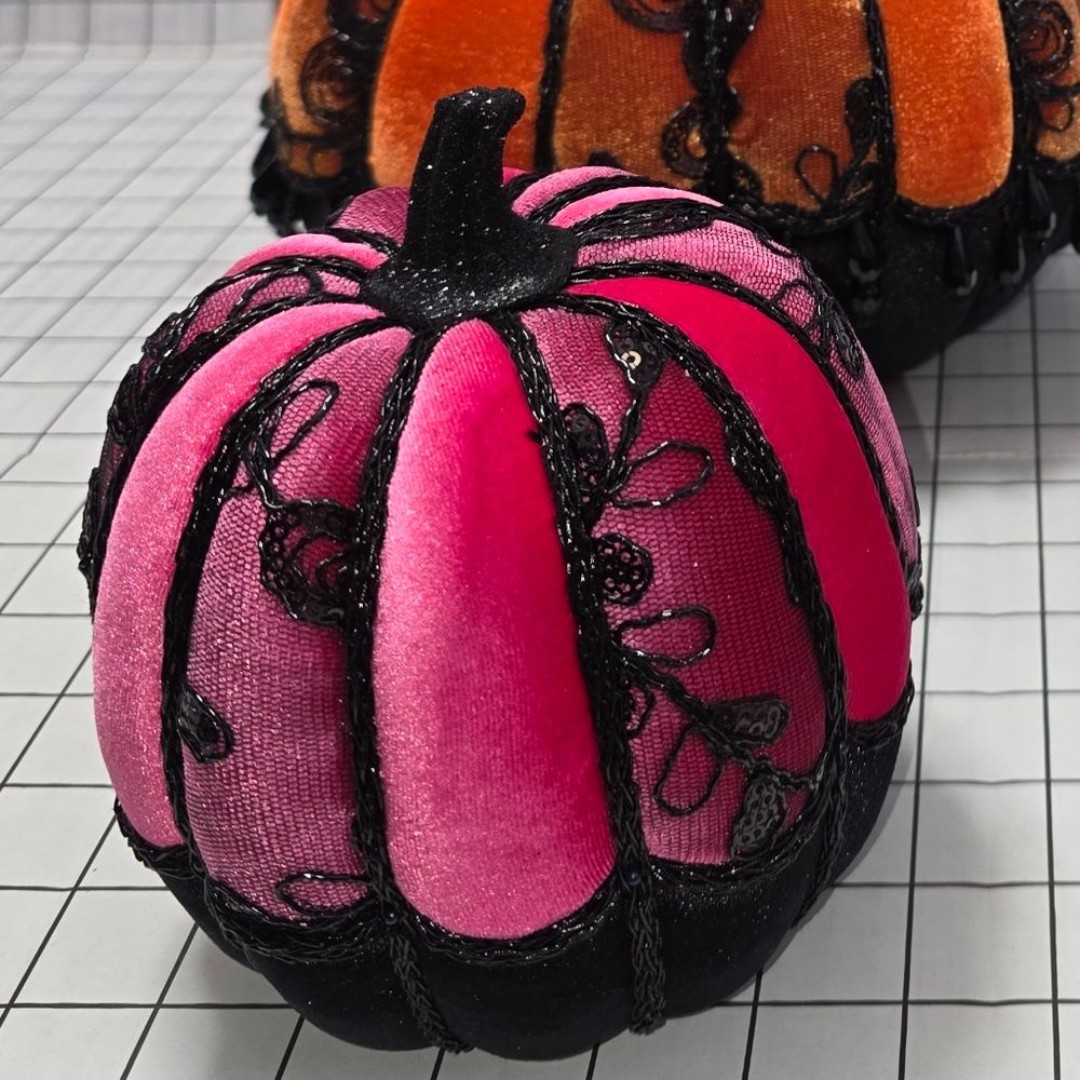 Black Velvet Pink Glam Velvet Pumpkin, Hot Pink W/Black Velvet Pumpkins, Black Lace, Cording