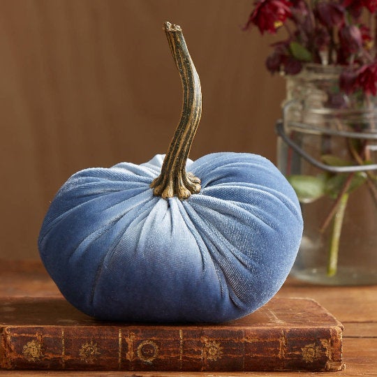 Blue Large Pumpkins Small Velvet Pumpkins Set Of 5, Blue Pumpkin Decor, Neutral Gray And Slate, Best Gifts For New, Blue Accent Room Decor, Tiered Tray Centerpiece