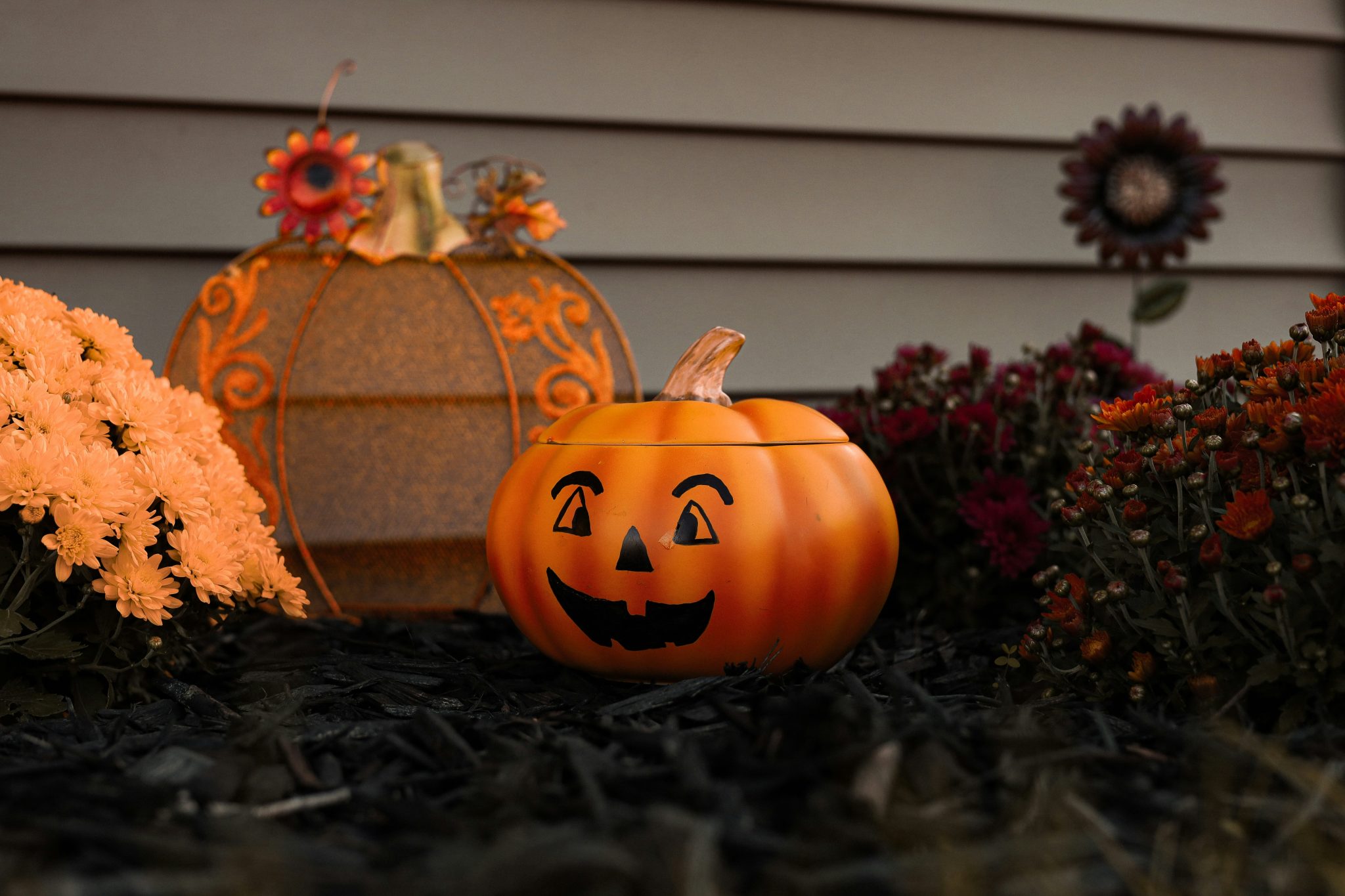 carved pumpkins with faces carved into them