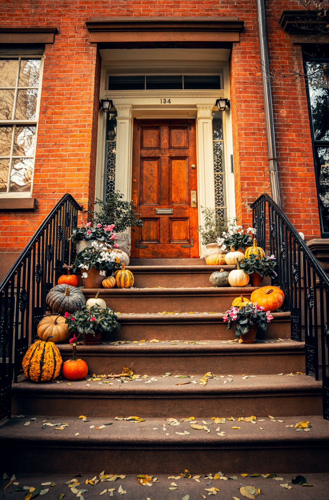 Charming brownstone entrance in New York City adorned with autumn pumpkins and foliage.