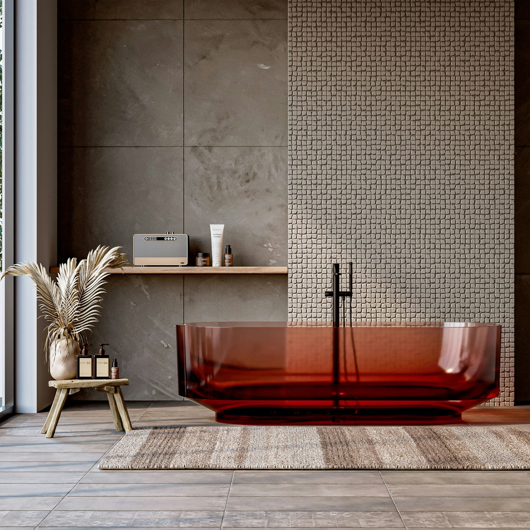 ChatGPT said: A serene modern bathroom featuring a striking transparent red bathtub, textured tile walls, and warm neutral tones. Natural light enhances the earthy accents, creating a perfect retreat 