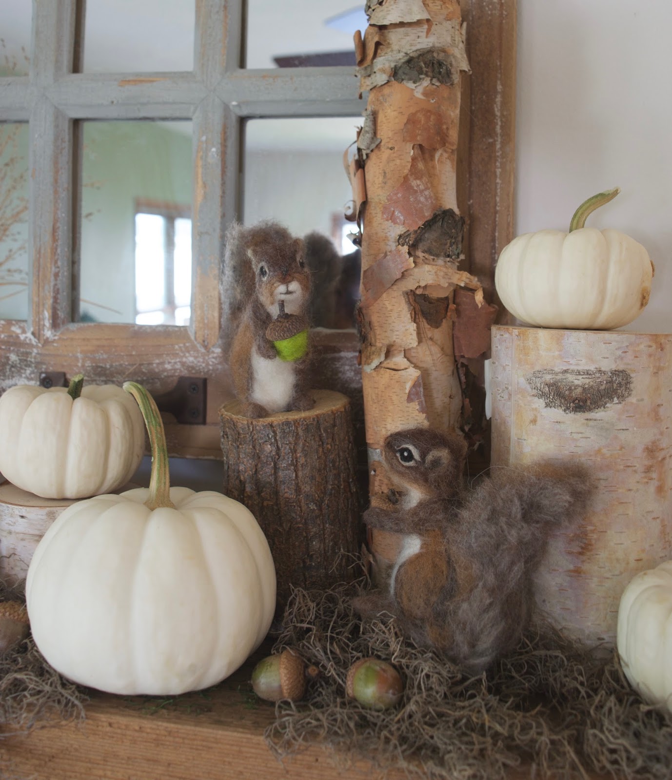 Claudia Marie Felt: Autumn Decor Ideas with Grey Squirrels and White Pumpkins