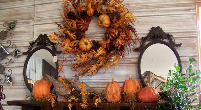 Colorful Fall Decorating in Vintage Style for Fireplace Mantels