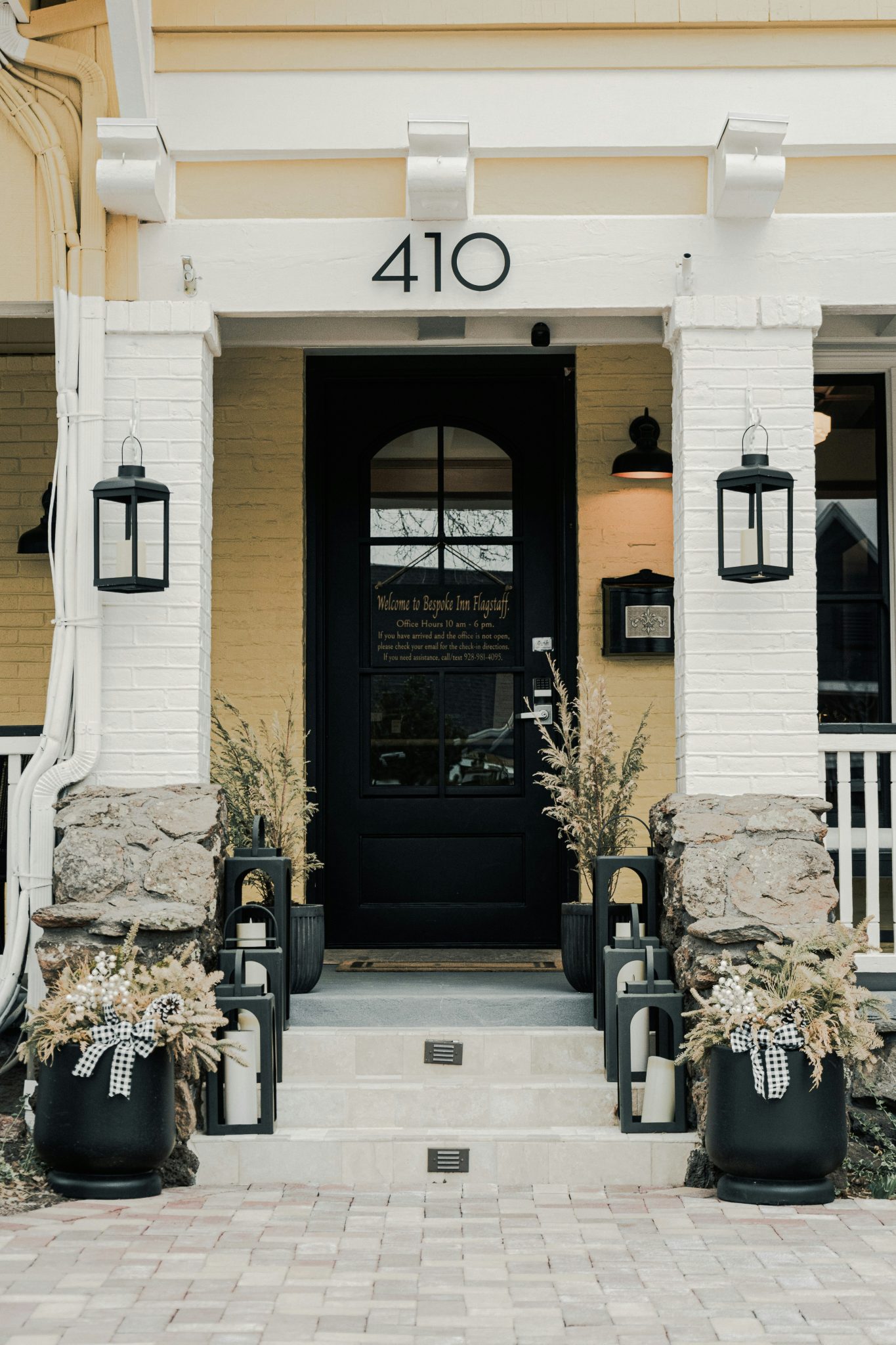 Cozy inn entrance with lanterns