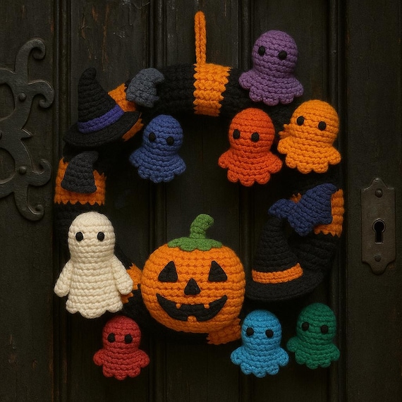 Crochet Fall Door Hanger Handmade Halloween Wreath Crochet Door Decoration Pumpkin Fall Door Decor Autumn Crochet Ornament