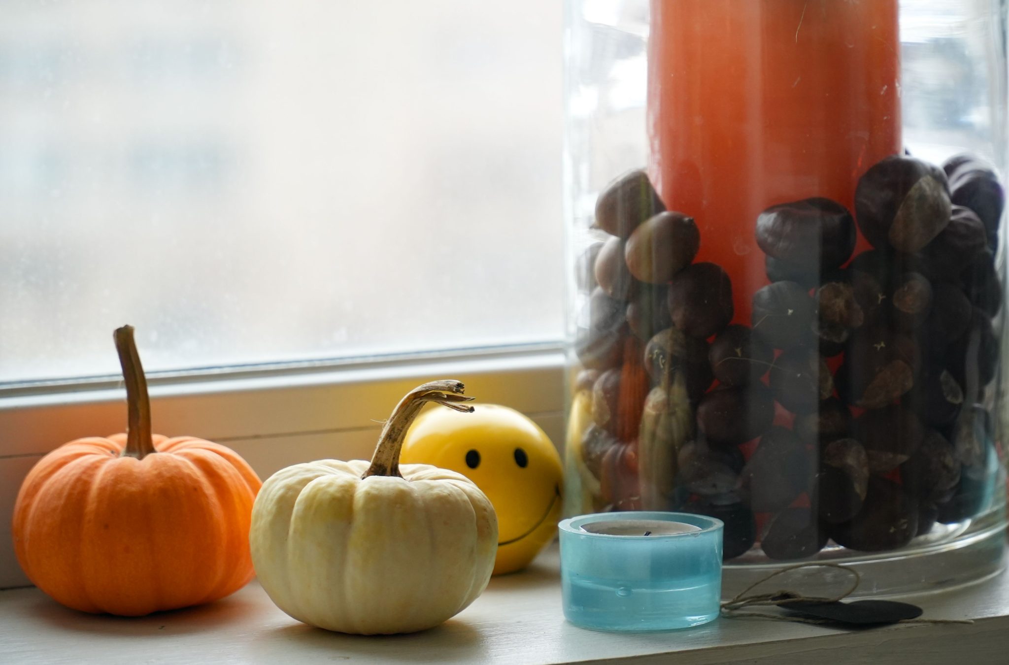 Decorative display with pumpkins, candles, and chestnuts on a window sill evokes autumn ambiance.