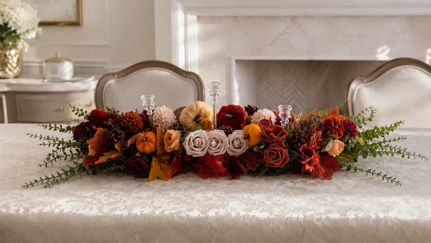 Elegant Autumn Centerpiece with Pumpkins, Flowers, and Candle Holders – Atelier