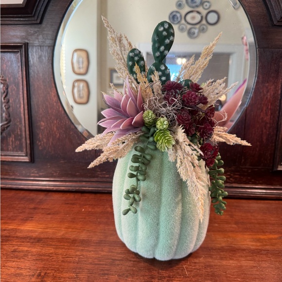 Elegant Green Velvet Pumpkin with Floral Accents