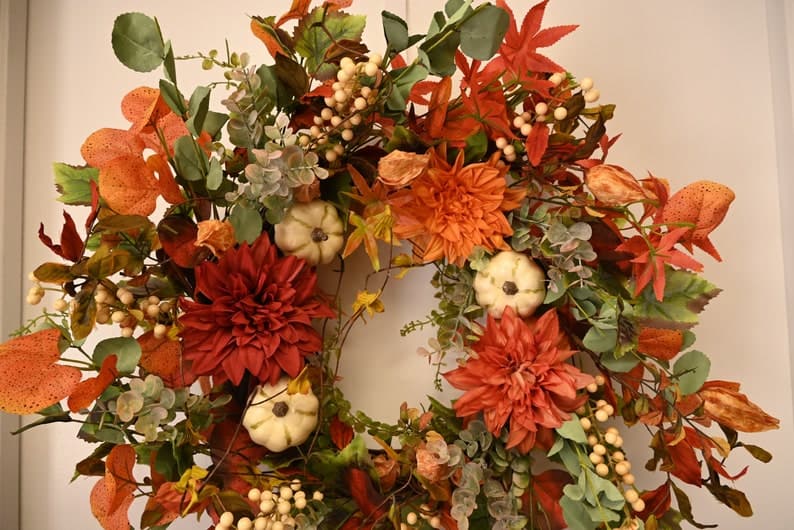 Fall Door Wreath Artificial Wreath with Pumpkin Maple Leaves Dahlia Gr – ktclubs.com