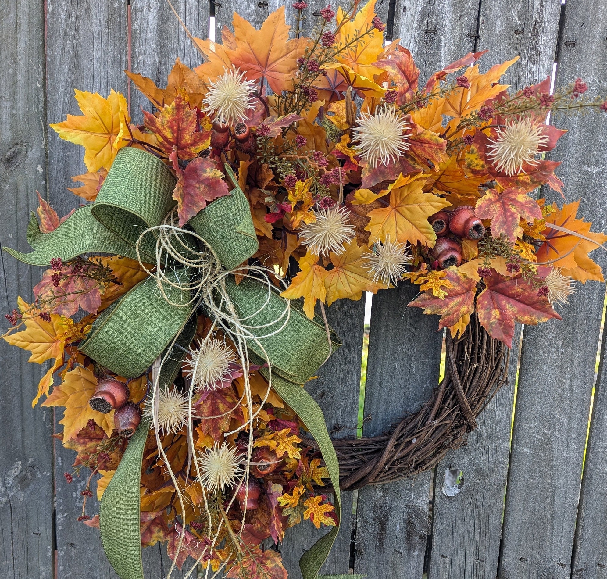 Fall Grapevine Wreath, Green Bow, Berries, Pinecones 411*