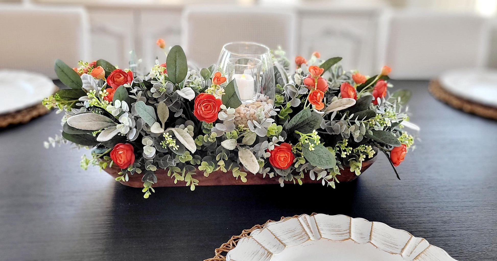 Fall Table Centerpiece – Artificial Ranunculus in Dough Bowl with Candle Holder Farmhouse