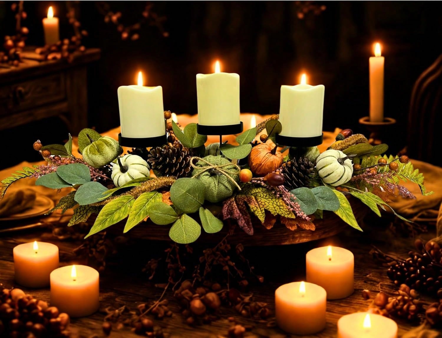 Fall Thanksgiving Candle Holders Centerpiece, Harvest Table Decoration With Pumpkin Berries Pinecones Maple & Eucalyptus Leaves For Autumn Festival Home Decor | SHEIN USA