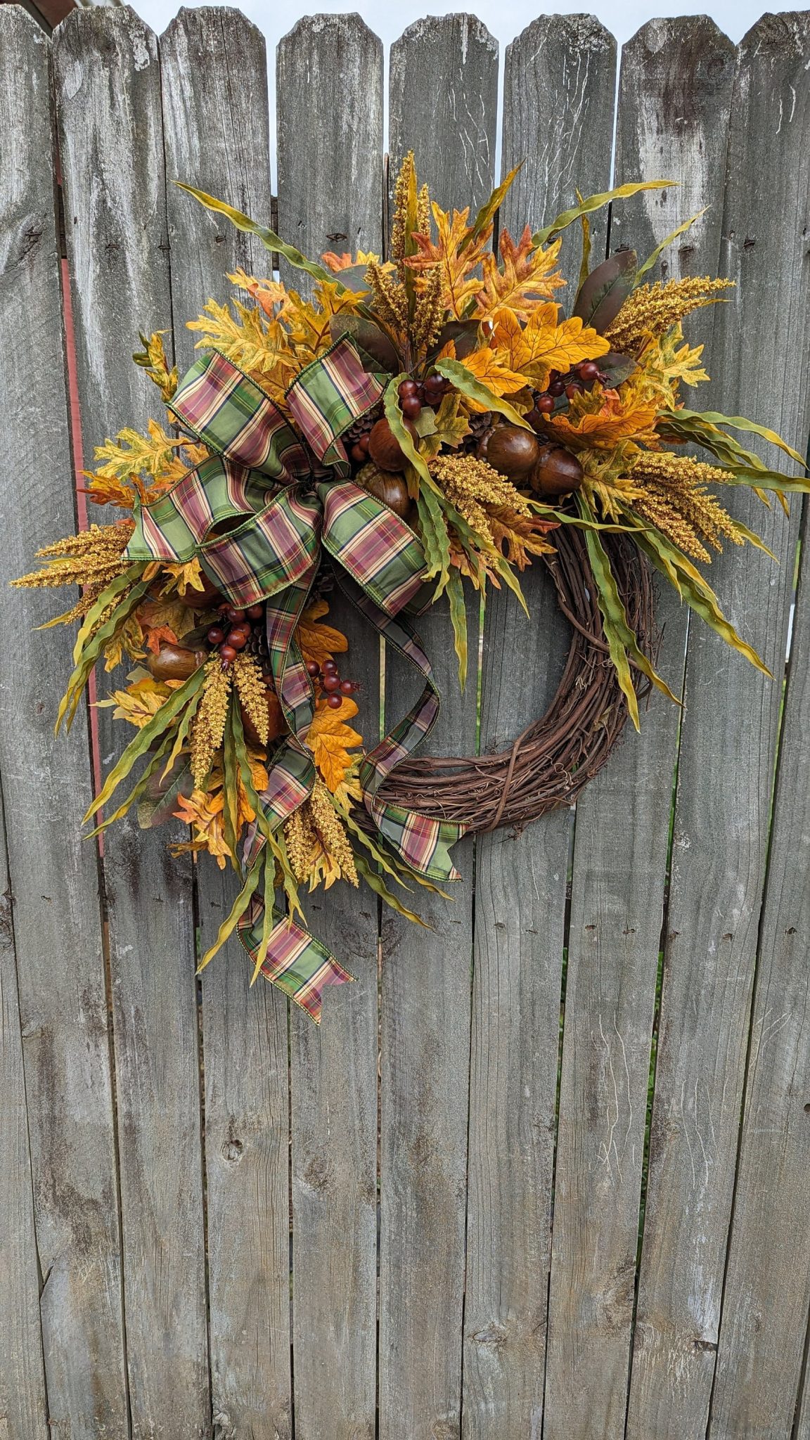 Fall Wreath, Fall Wreaths, Fall Door Wreath, Fall Green Plaid Wreath, Fall Acorn Wreath, Green Yellow Brown 347