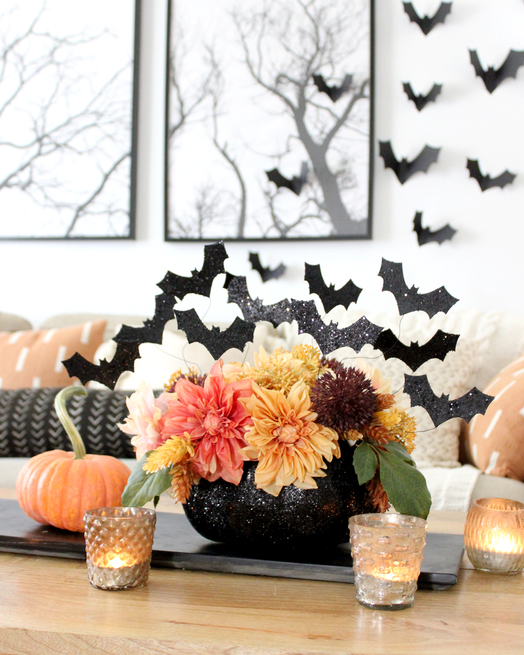 Glittery Bat Bouquet in a Glitter Pumpkin Vase - Tonality Designs