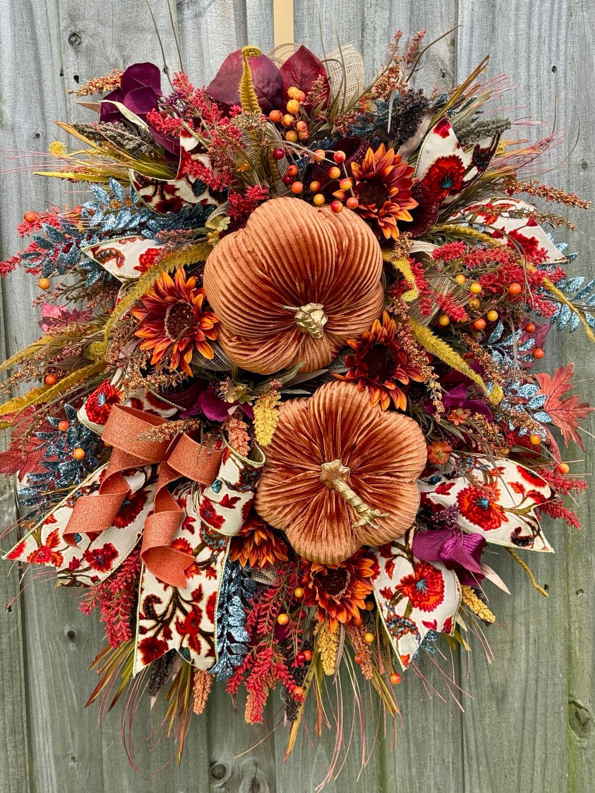 Handmade Fall Pumpkin Wreath: Velvet Pumpkins, Sunflowers & Berries
