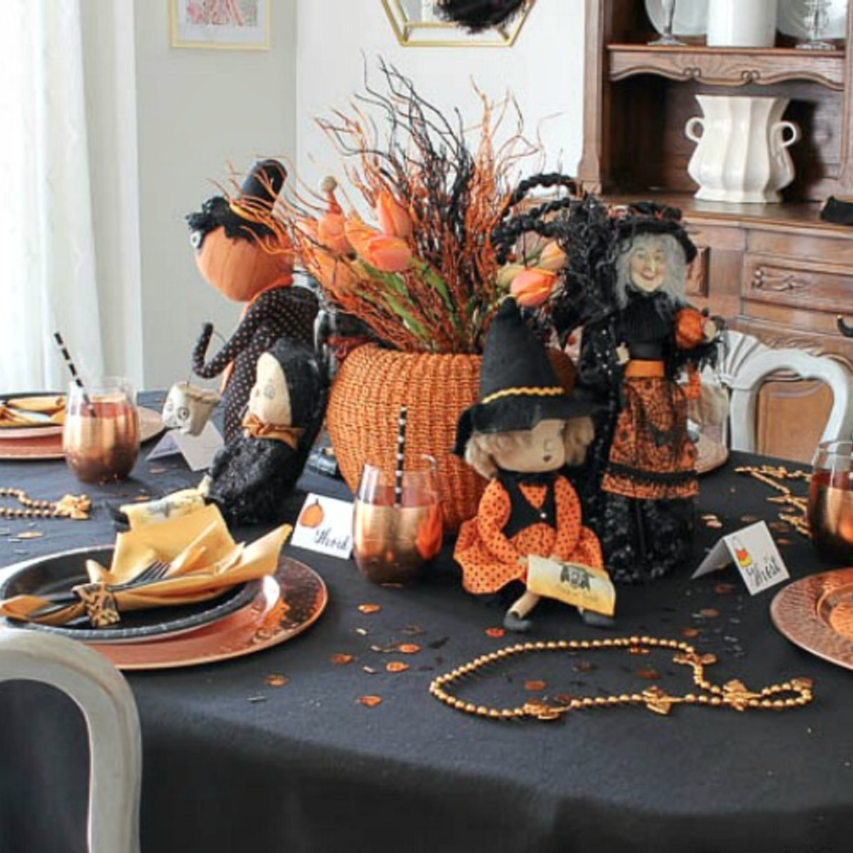 Orange And Black Halloween Arrangements Witchy Black And Copper Halloween Tablescape Bluesky At Home