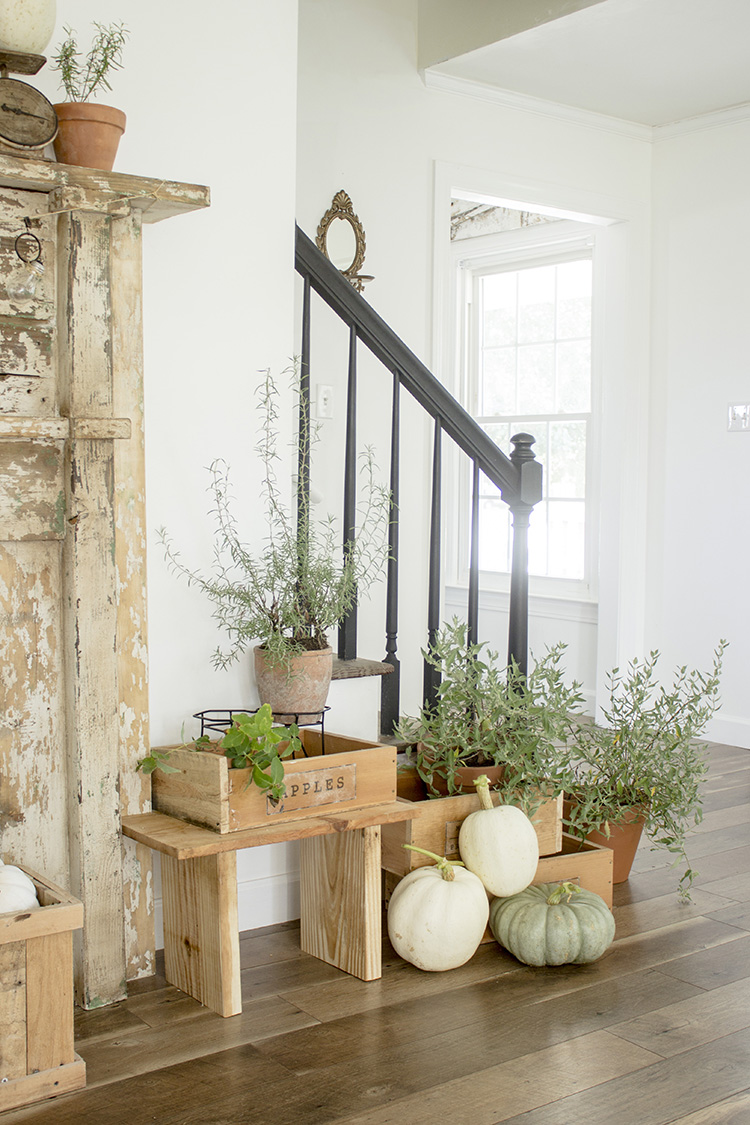 Our Fall Living Room – Fall Garden Terra Cotta Pot Fireplace Mantle Decorated With Pumpkins On Scales | We Lived Happily Ever After