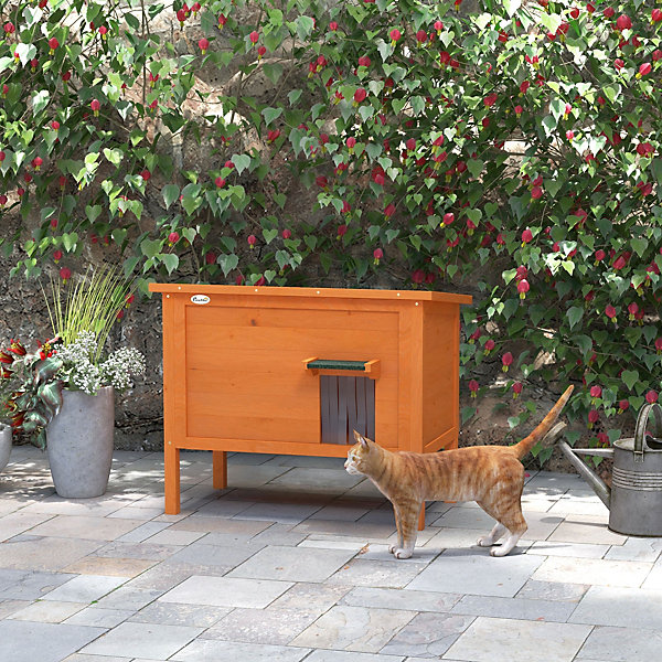 PawHut Outdoor Feral Cat House Insulated w/ Openable Roof - Orange