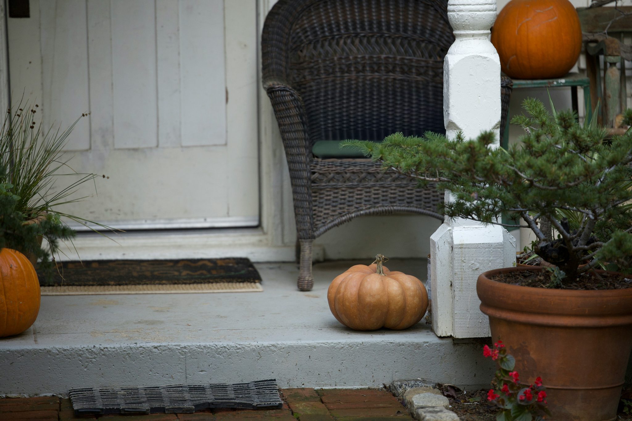 Pumpkins decorate a porch with a wicker chair.