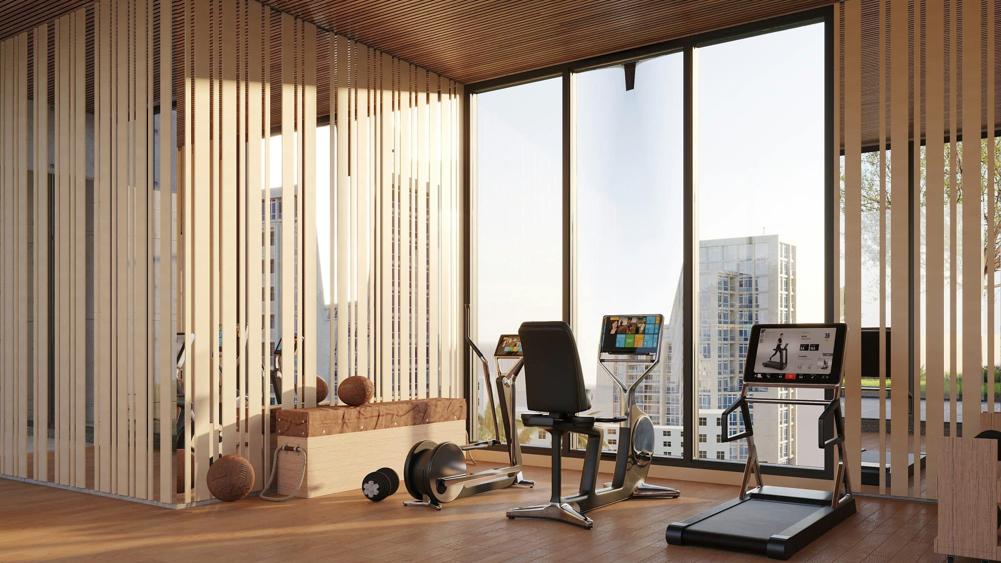 Stylish Modern Urban Gym with a City Skyline View, Featuring a Warm Wooden Interior and a Range of High-End Fitness Equipment