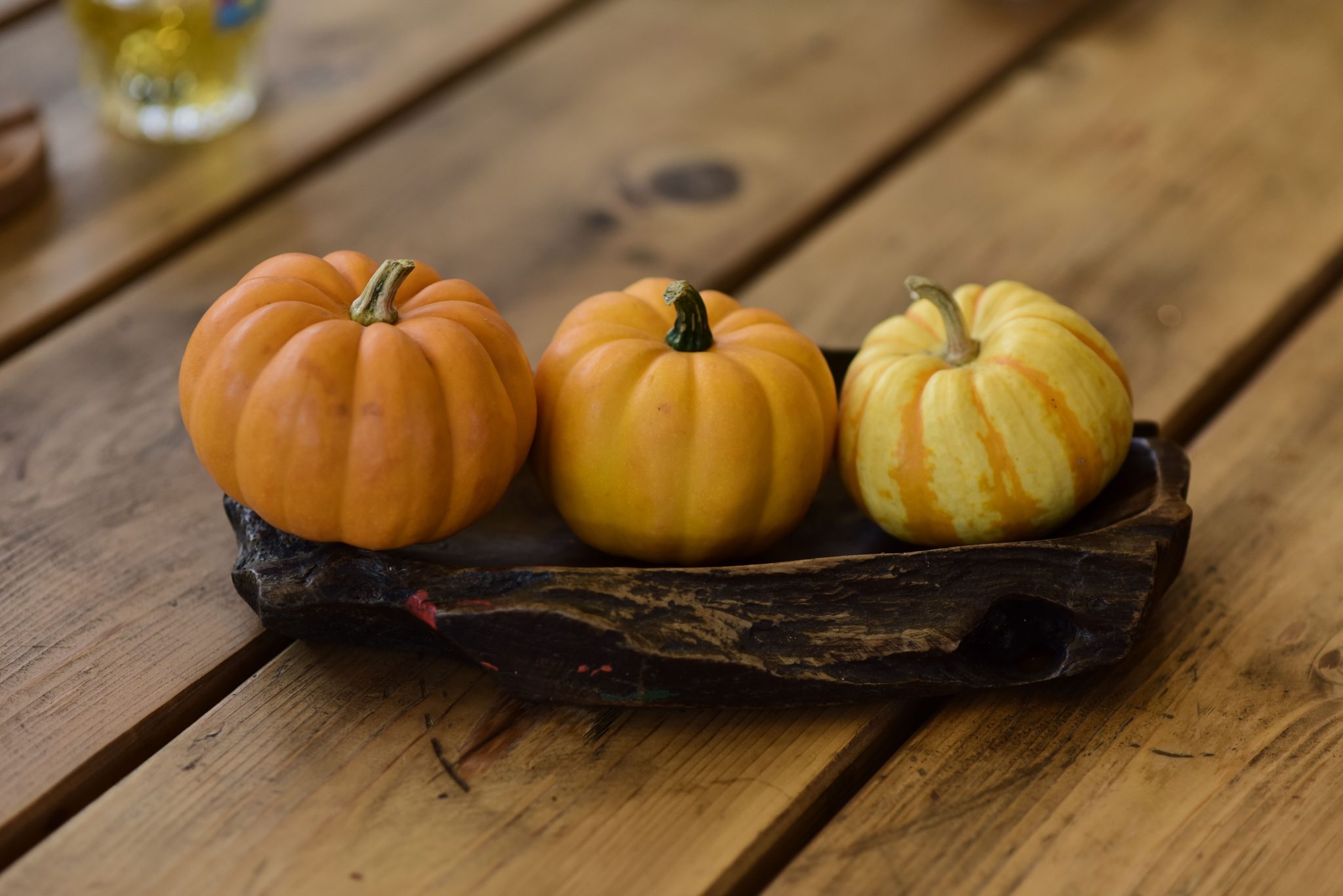 Three mini pumpkins on a wooden tray create a cozy autumn scene.