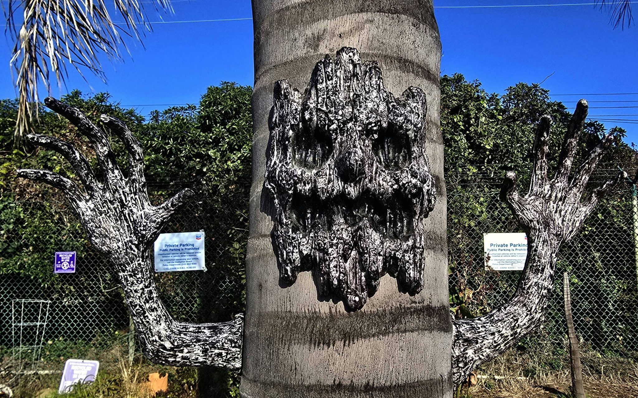 Tree trunk with a carved face and outstretched arms