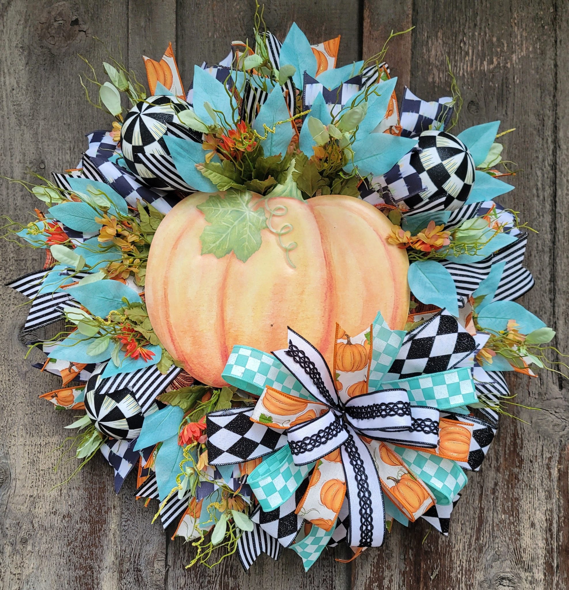 Turquoise Pumpkin Fall Wreath – Farmhouse Autumn Door Wreath with Check Ribbon