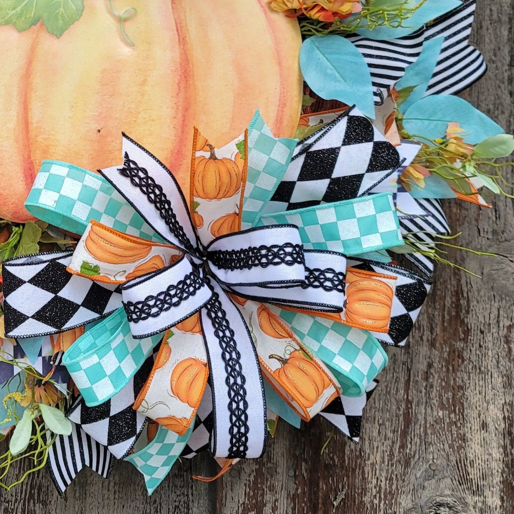 Turquoise Pumpkin Fall Wreath – Farmhouse Autumn Door Wreath with Check Ribbon