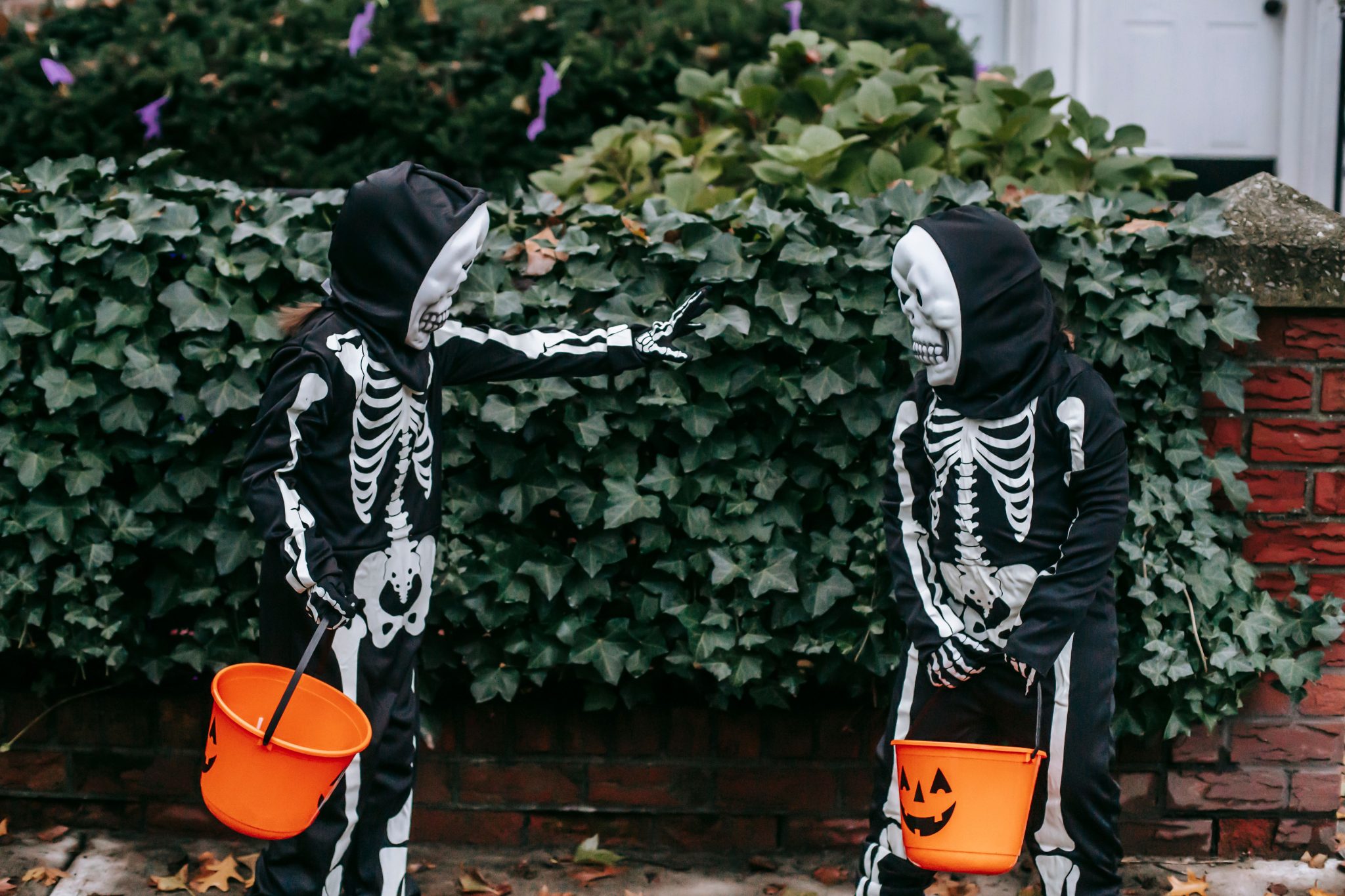 Unrecognizable children in skeleton costumes with orange buckets and masks trick or treating in Halloween near green plants in daytime