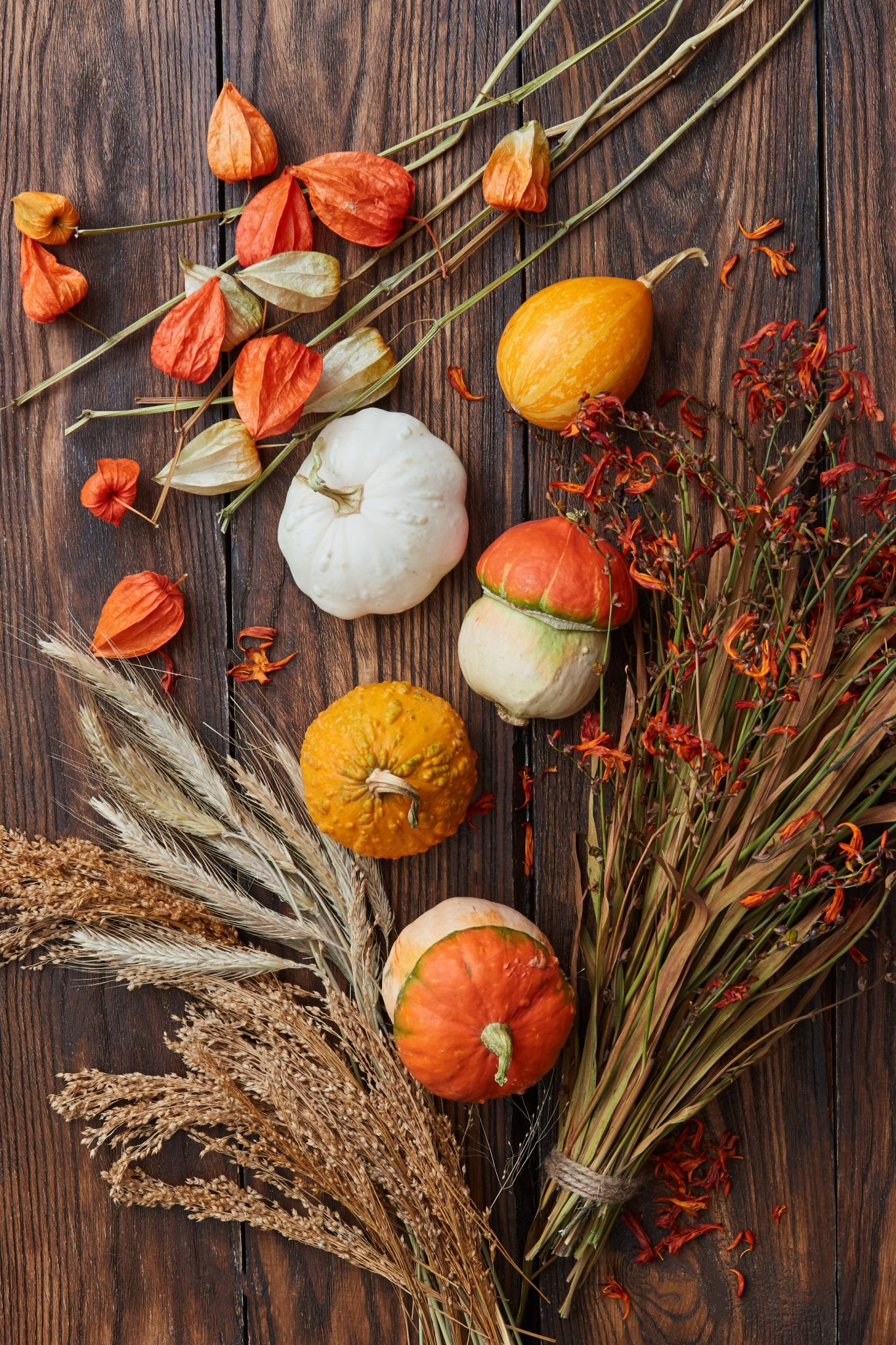 Vertical still life of autumn pumpkins and dried flowers on wooden table.