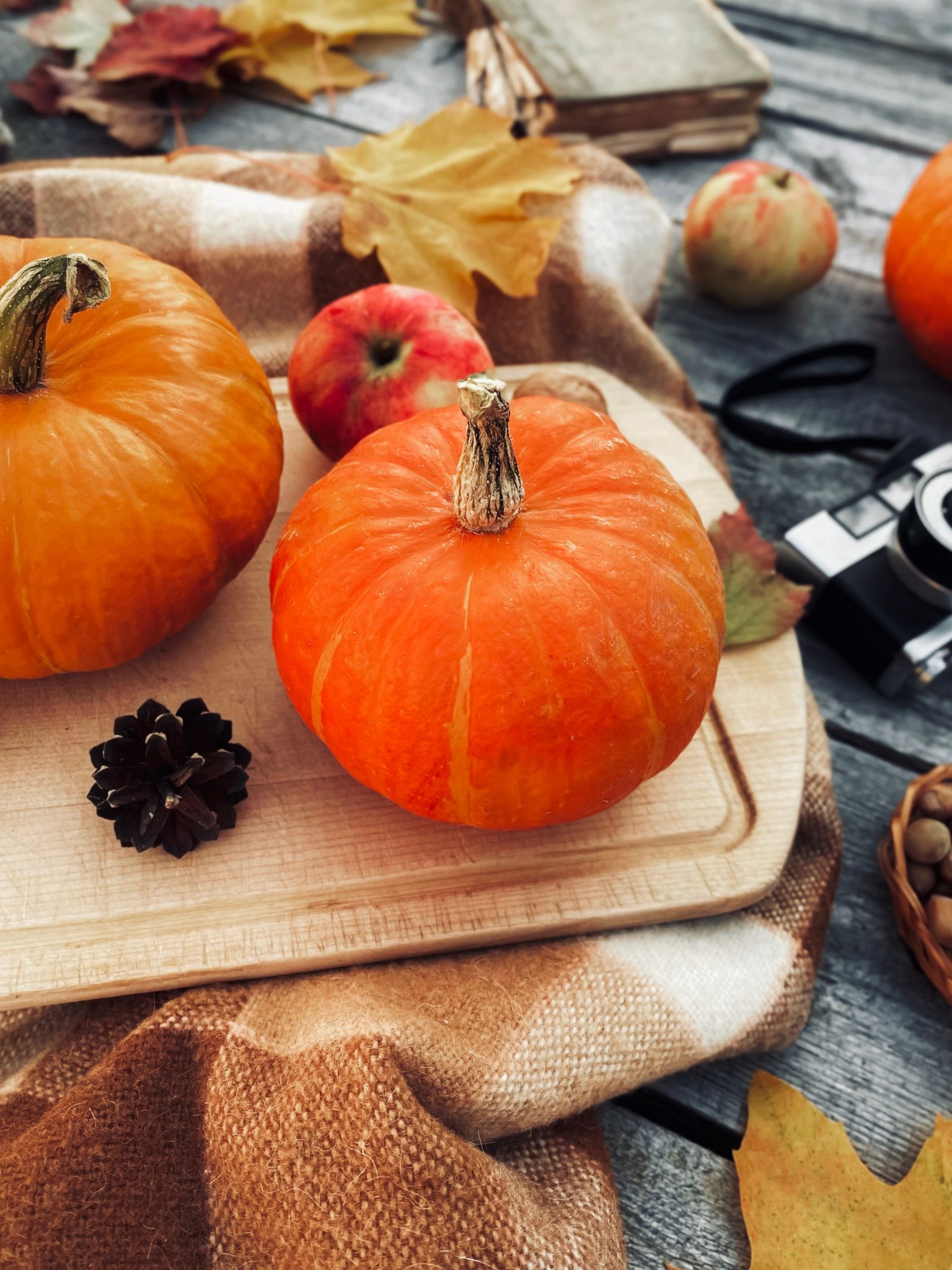 Warm and inviting autumn scene featuring pumpkins, leaves, and rustic elements, perfect for seasonal themes.