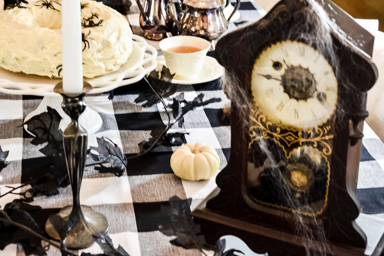 White, Black and Cream Halloween Tea Party Tablescape - Zucchini Sisters