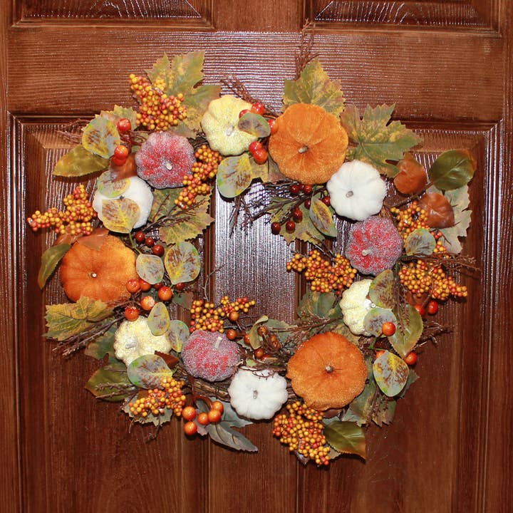 Wholesale 20' Fall Leaves Velvet Pumpkin And Berries Wreath Natural for your store - Faire