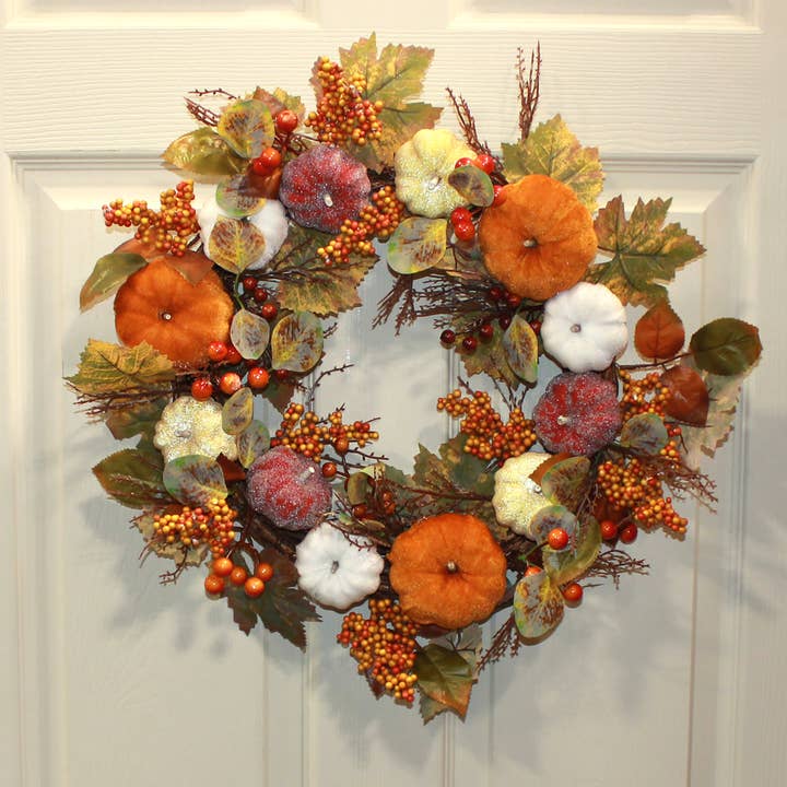 Wholesale 20' Fall Leaves Velvet Pumpkin And Berries Wreath Natural for your store - Faire