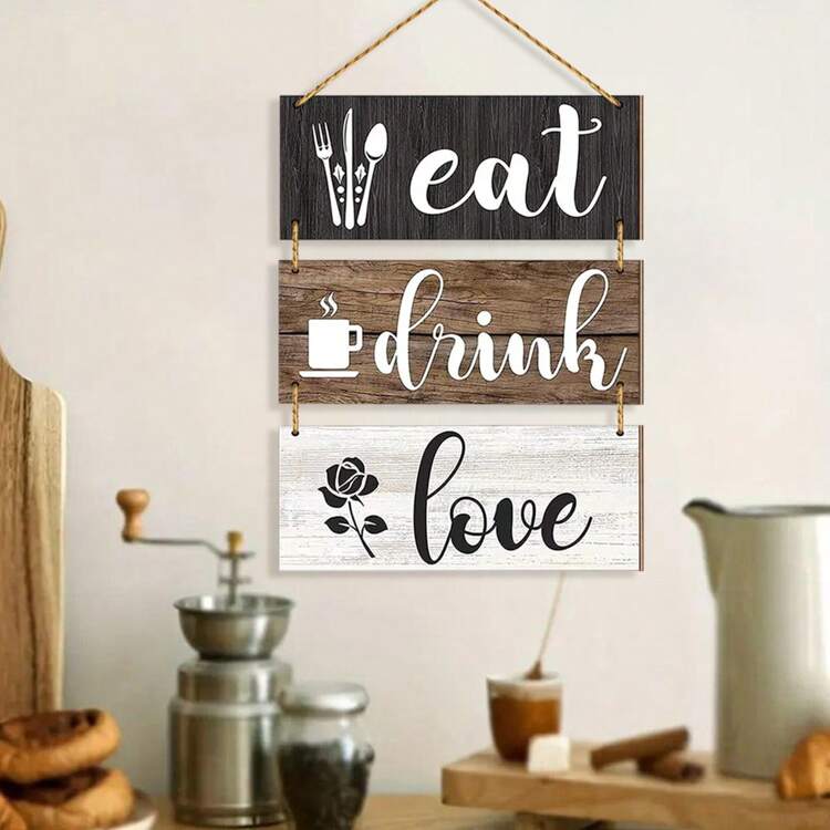 3 Pcs Rustic Eat Drink Love Wood Sign Plaque Wall Art Decor Sign For Dining Room,