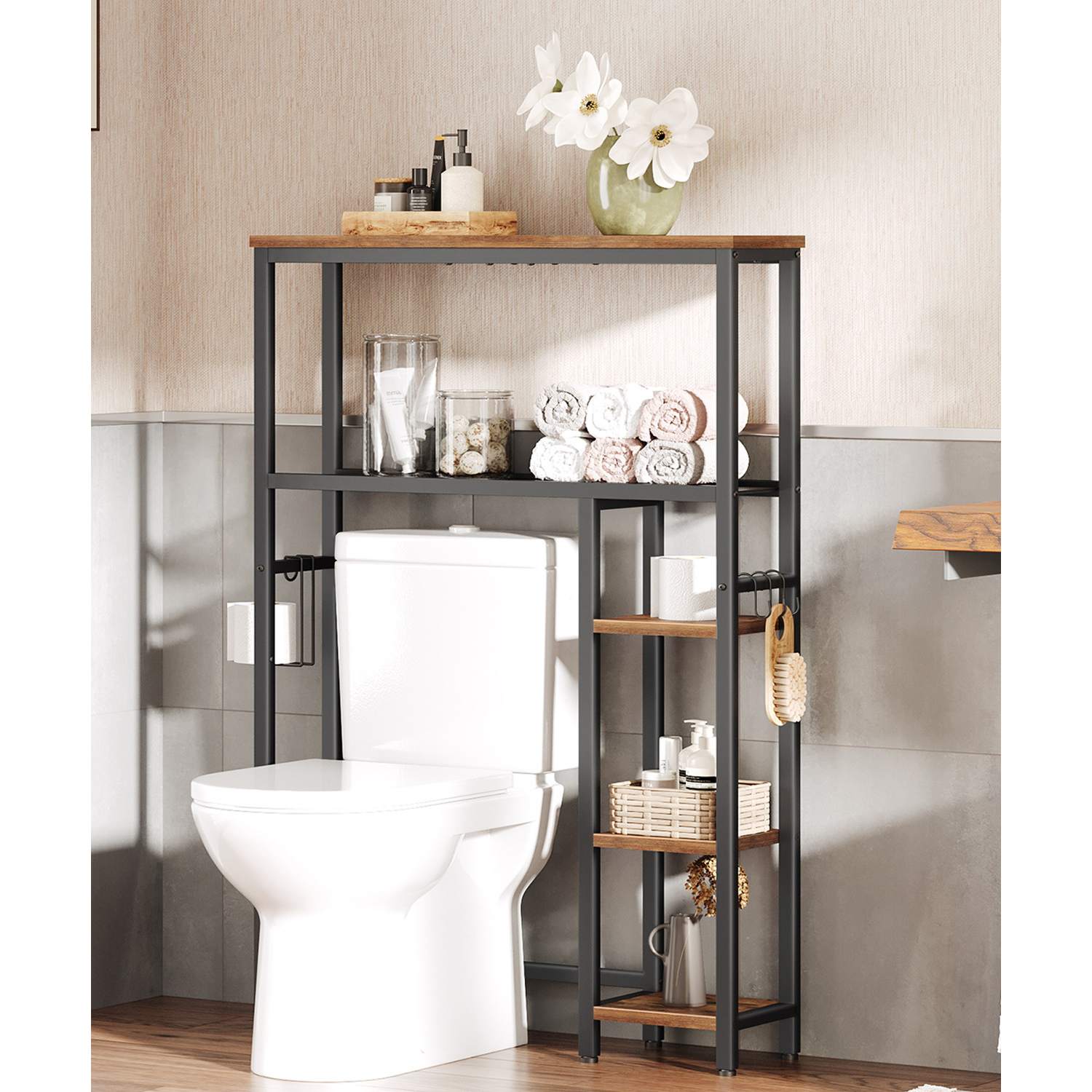 5-Tier Over-The-Toilet Storage Unit, Freestanding Bathroom Organizer with Toilet Paper Holder and Movable Hooks, Space-Saving Storage Shelves for Bathrooms, Rustic Brown & Black Finish – HOOBRO