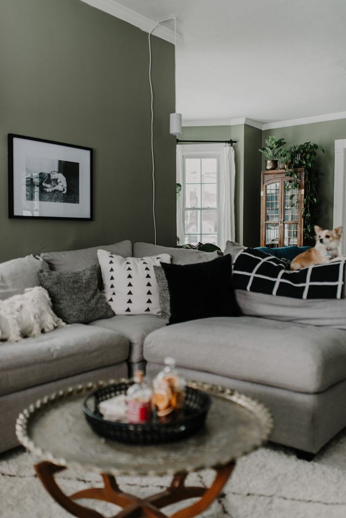 An Earthy, Eclectic Sage Green Living Room -