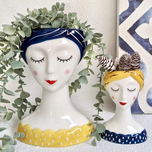 Blue Yellow Girl Face Head Ceramic Pot Planter | Dalisay