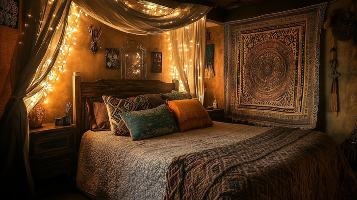 Boho Fairy Lights With Tapestry Wall Decor Fairy Macrame Wall Hanging, Tapestry Chic Tapestry Fringe Garland