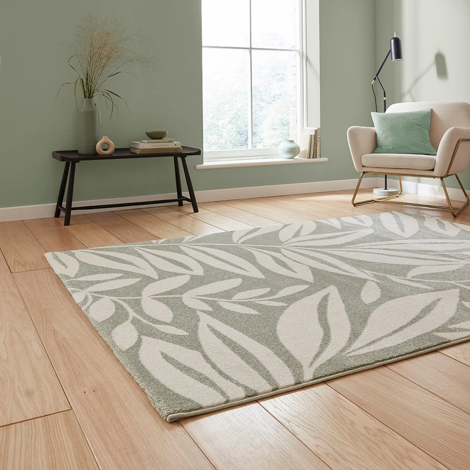 Catherine Lansfield Sorral Leaves Botanica Sage Green Rug | Land of Rugs