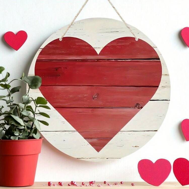 Charming Rustic Wooden Heart Wall Decor - Red 'Love' Sign With Twine Rope, Perfect For Valentine'S Day & Romantic Home Accents, No Batteries Needed | SHEIN USA