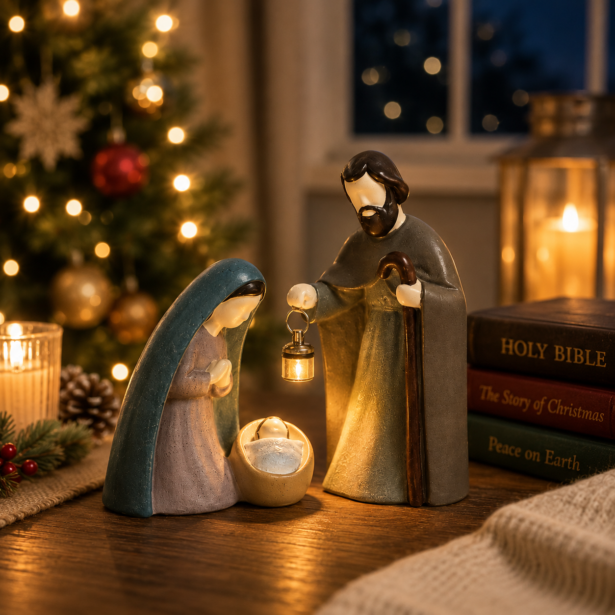 Christian Nativity Scene, Hand Painted Christmas Shelf Decor – Giftness Decor