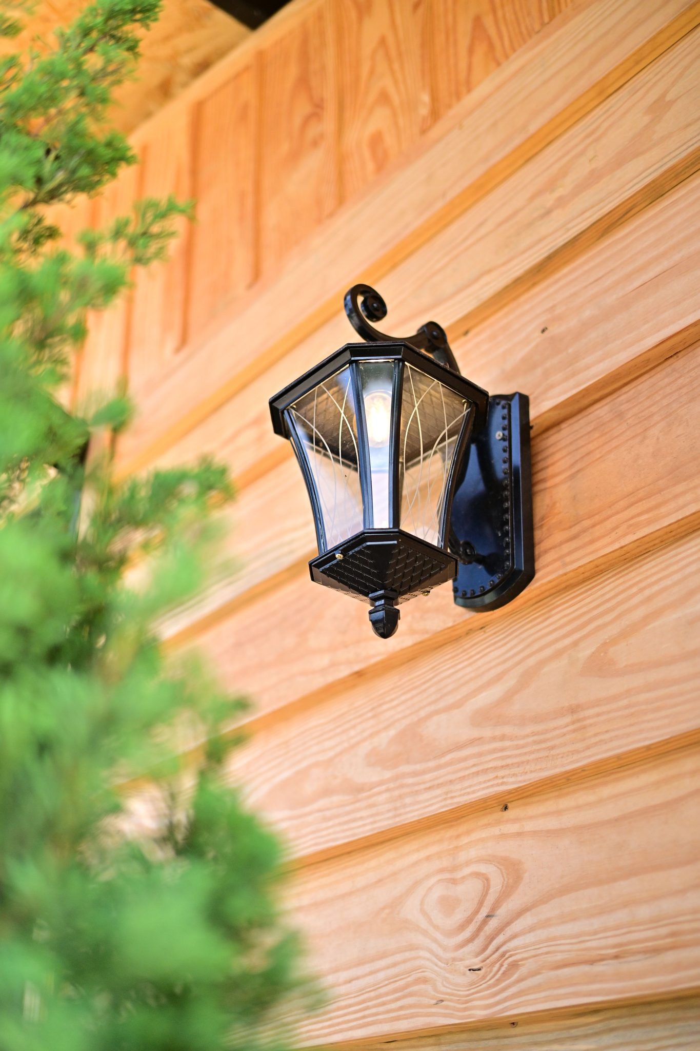 Classic outdoor wall lantern mounted on a wooden exterior with greenery.