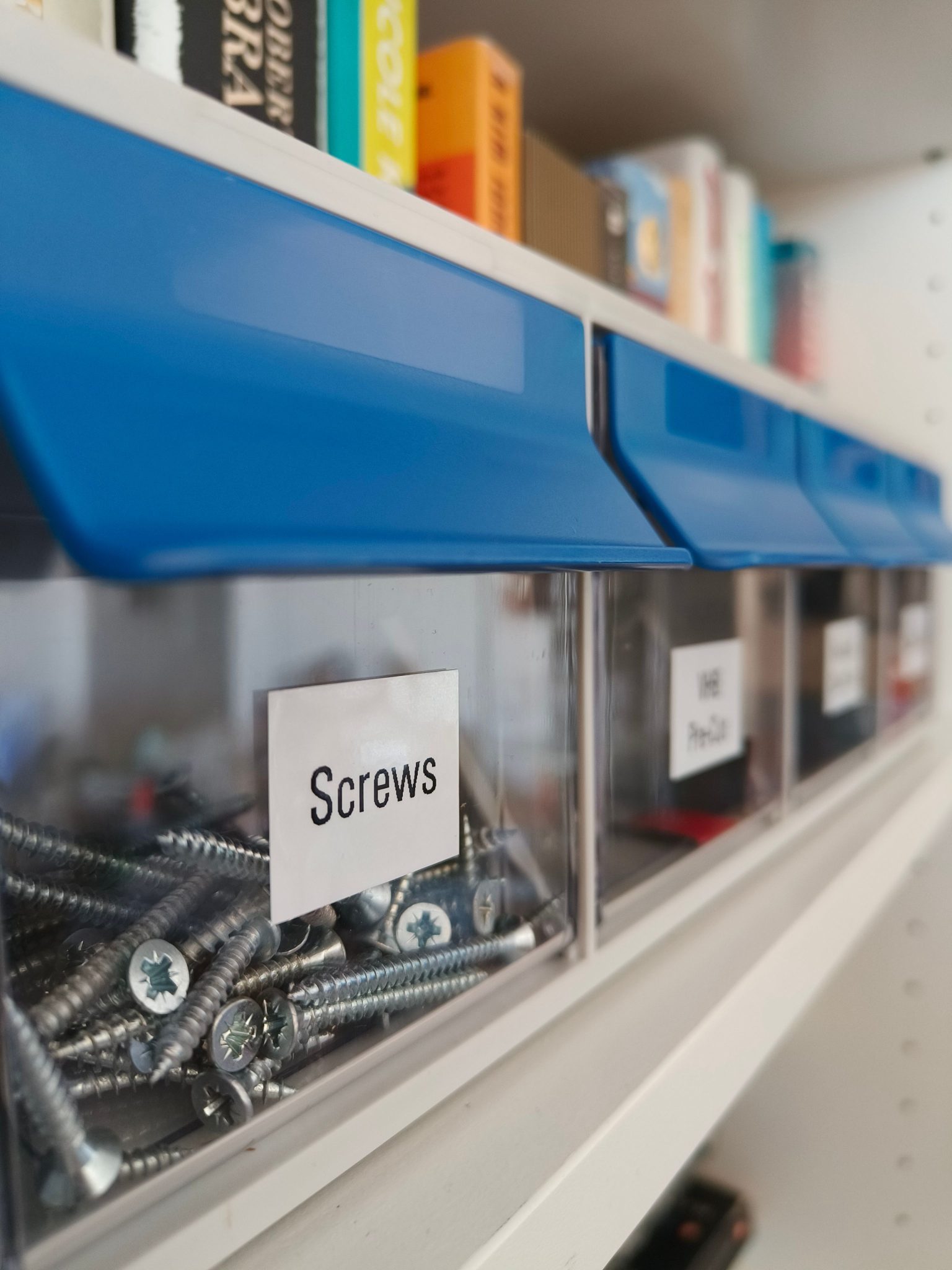 Close-up of labeled storage bins on a shelf, showcasing screws in one clear container.