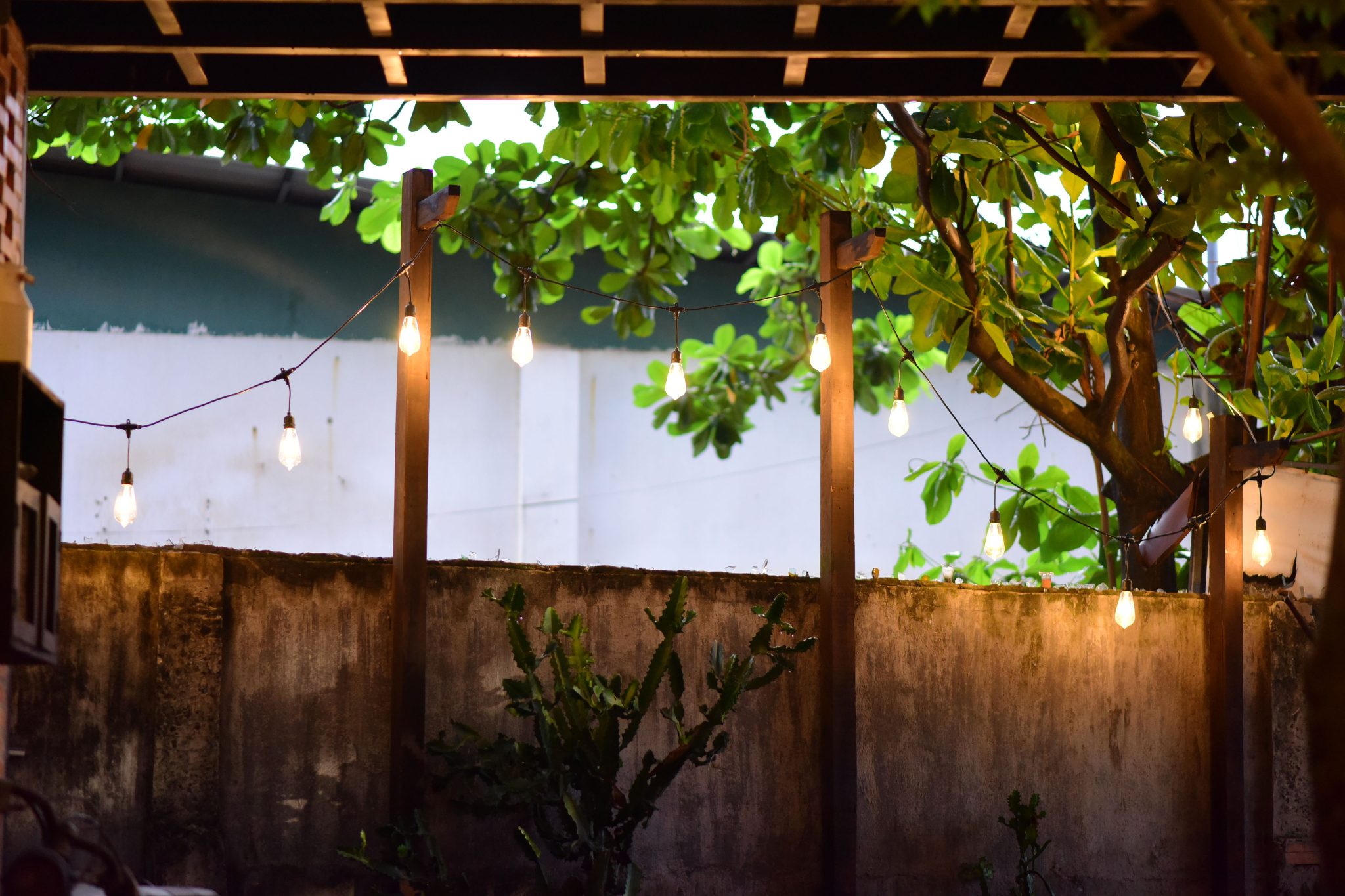 Cozy outdoor patio adorned with glowing string lights and lush greenery, perfect for a tranquil evening ambiance.