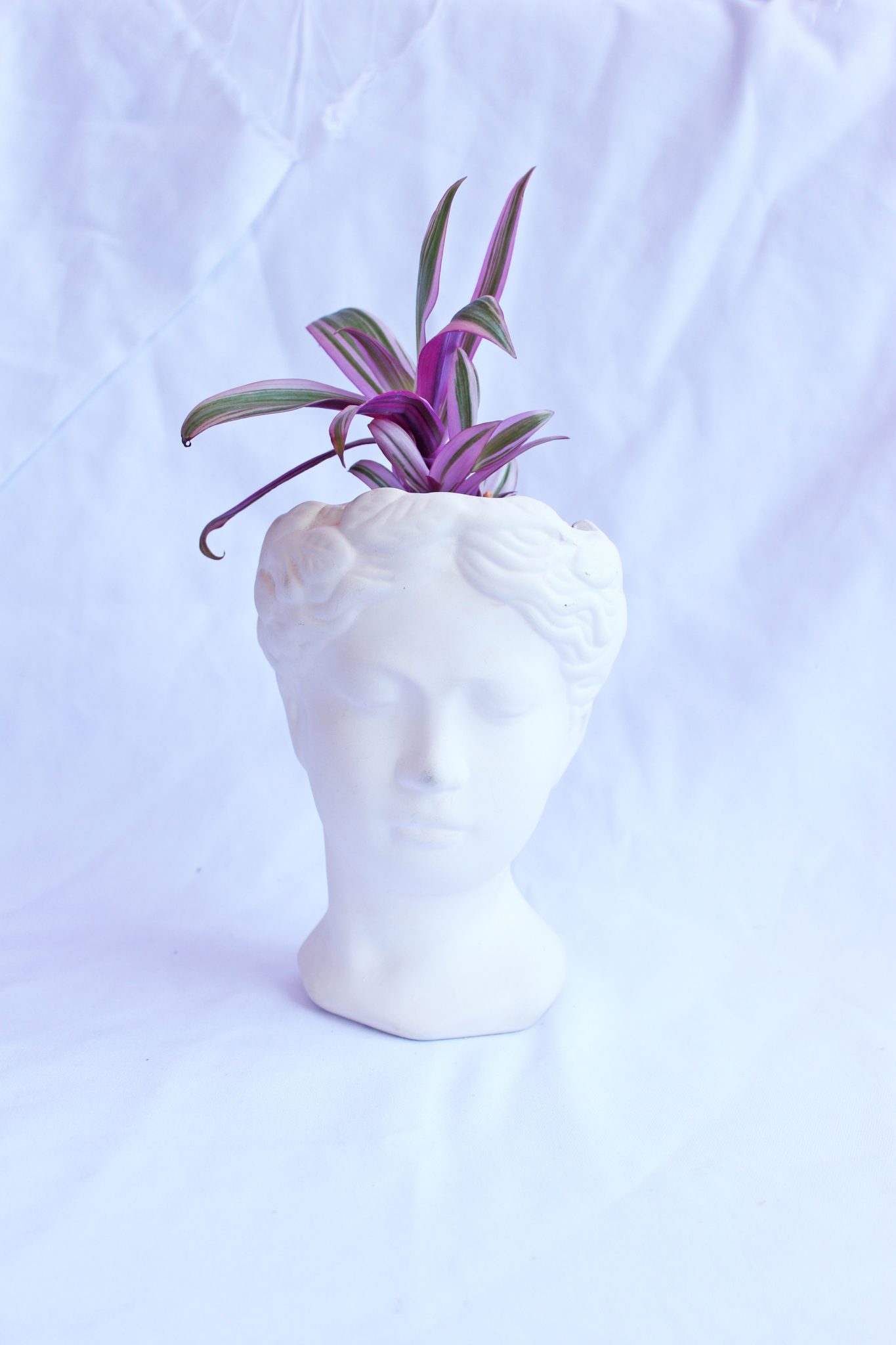 Elegant white bust planter with lush green plant, perfect for modern decor.