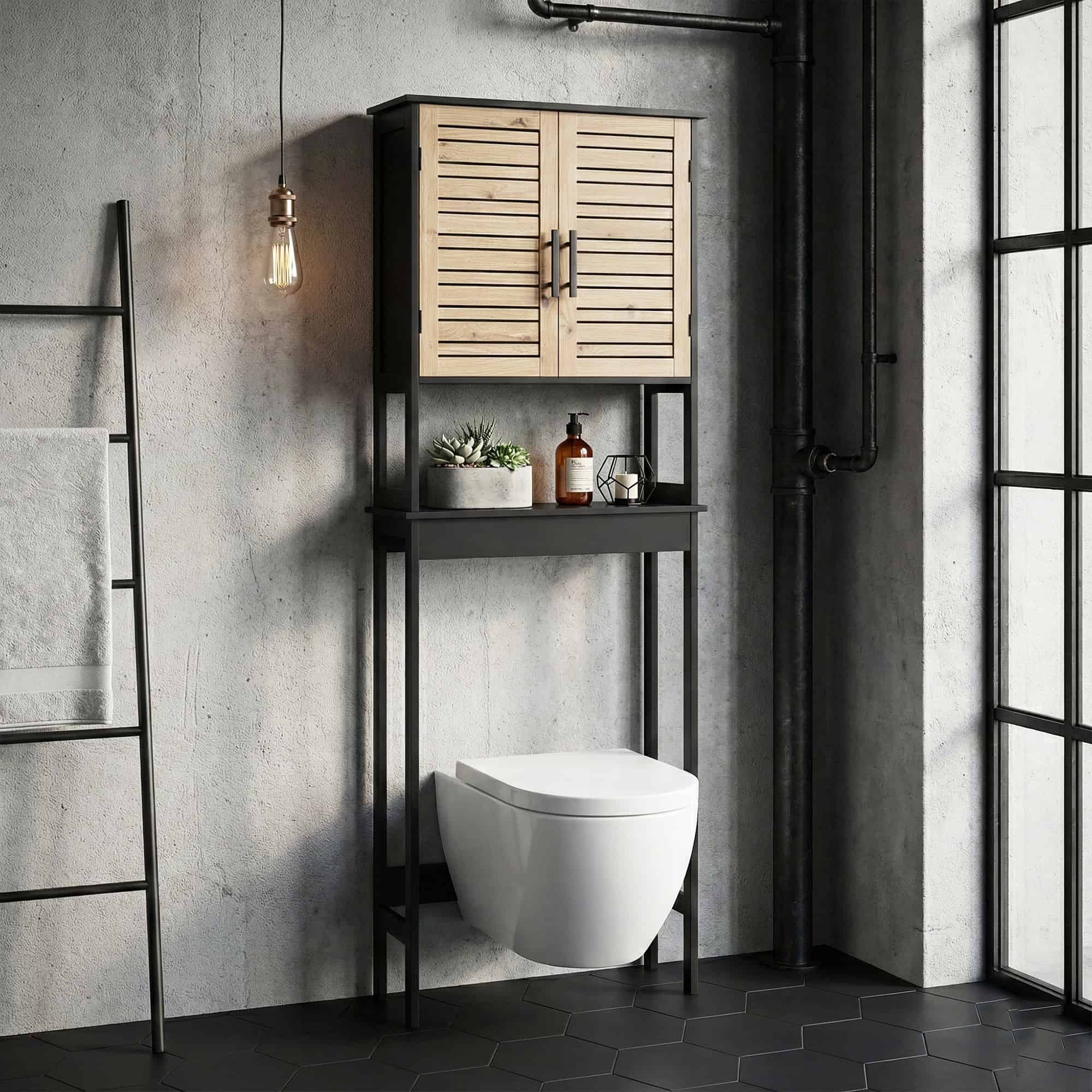 Evideco Over The Toilet Storage Cabinet with Double Vented Doors and Open Shelf, Black and Brown - Bergen Collection